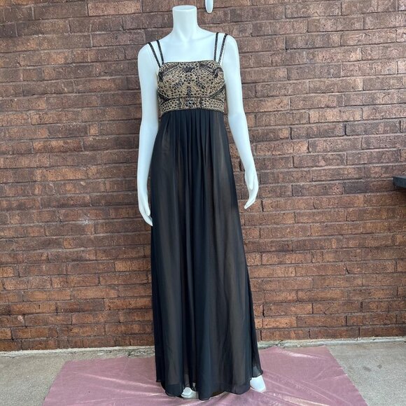 Sue Wong Black & Tan Beaded Evening Dress Gown Sz 4 - Picture 1 of 13